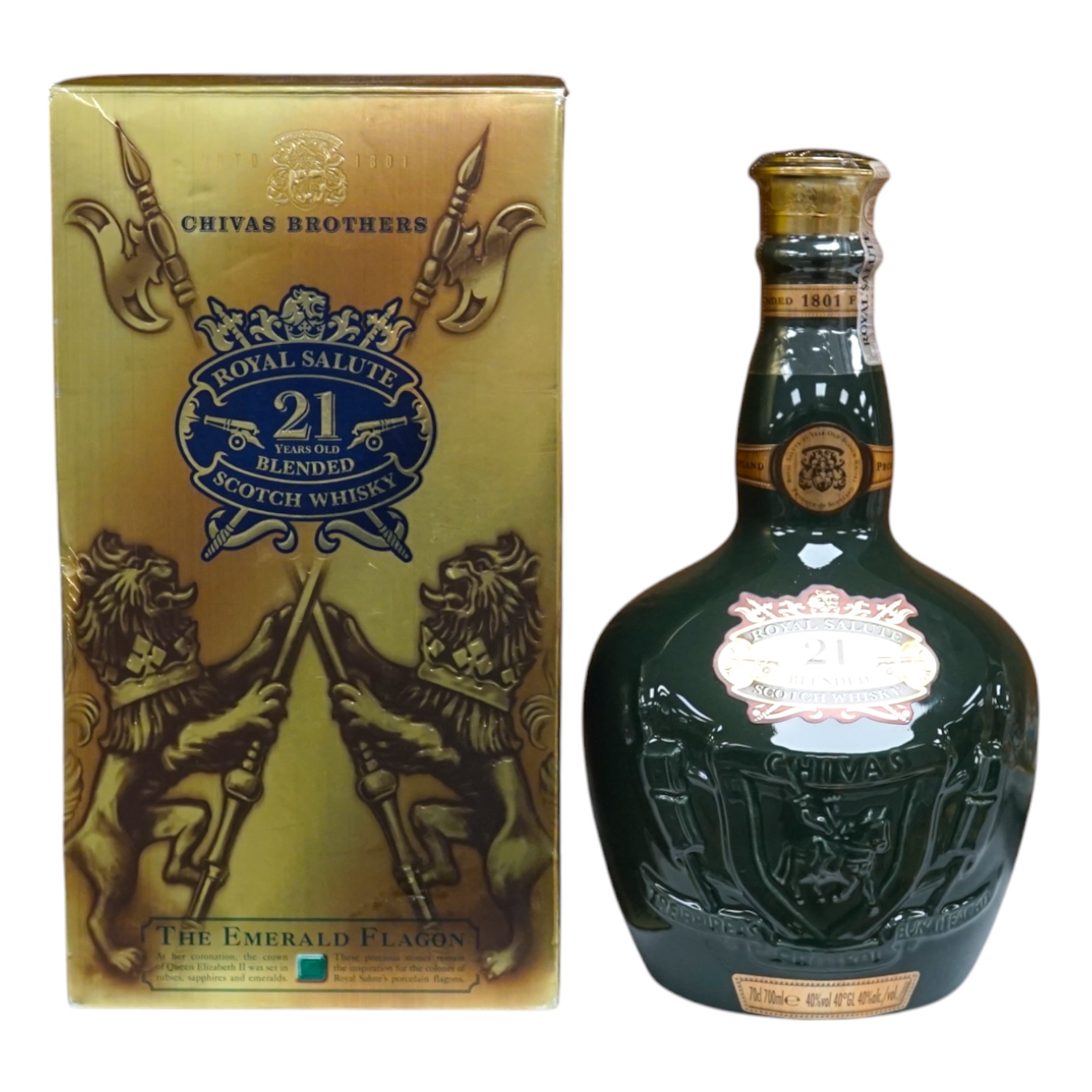 A boxed bottle of Chivas Brothers Royal Salute 21 year old blended scotch whisky, Emerald Flagon, with velvet bag. Condition - good, some minor wear to box